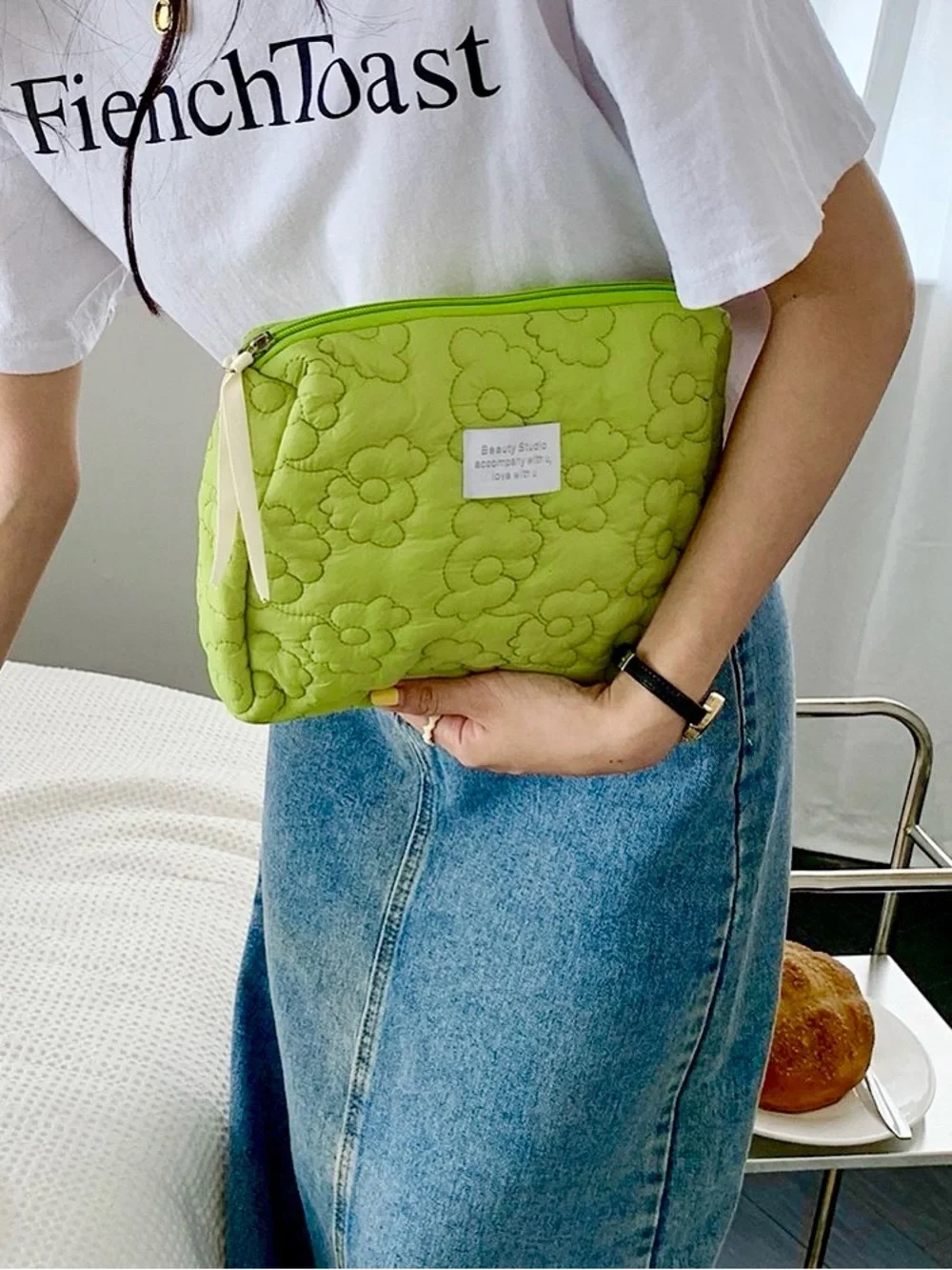 Large Green Quilted Pink Floral Women’s Makeup Toiletries Cosmetic Organizer Bag